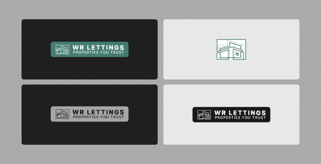 logo variations of WR-Lettings in turqouise, gray and black